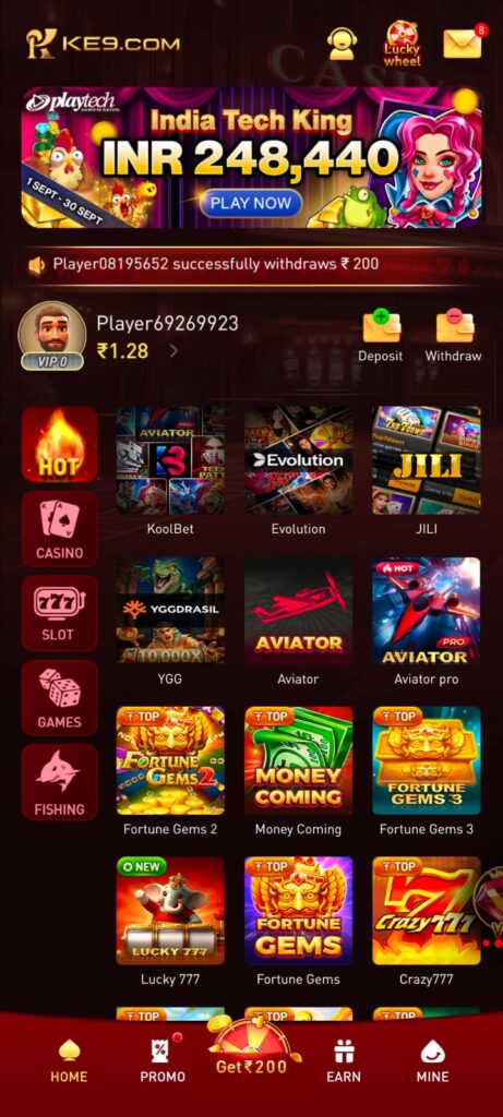 KE9 game APK dashboard with casino slot and online games