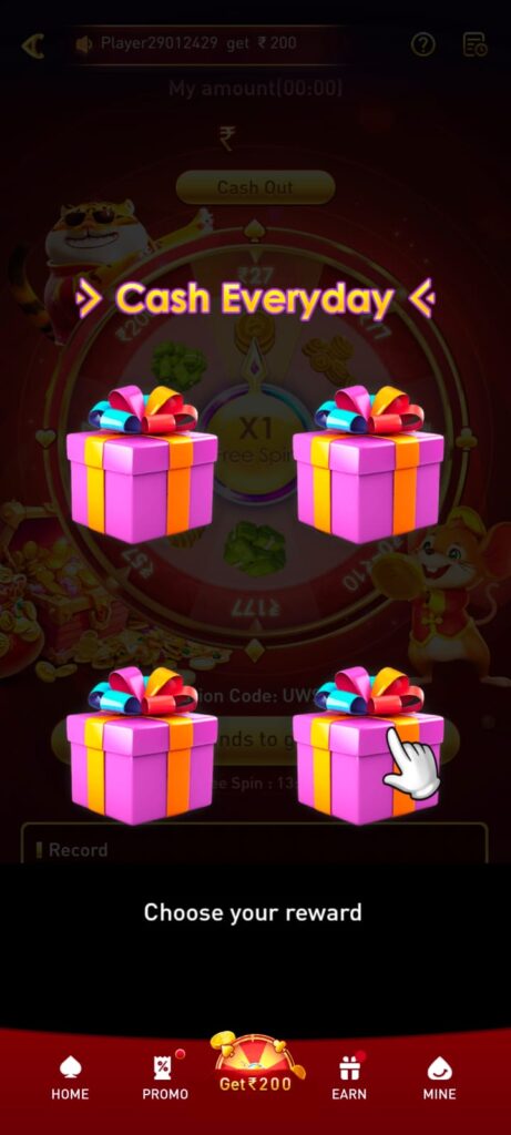 KE9 game daily reward screen with gift boxes and cash reward